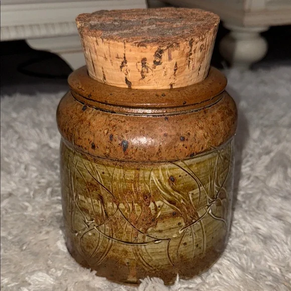 Rustic Signed Artisan Pottery Jar with Cork Lid - Picture 2 of 14